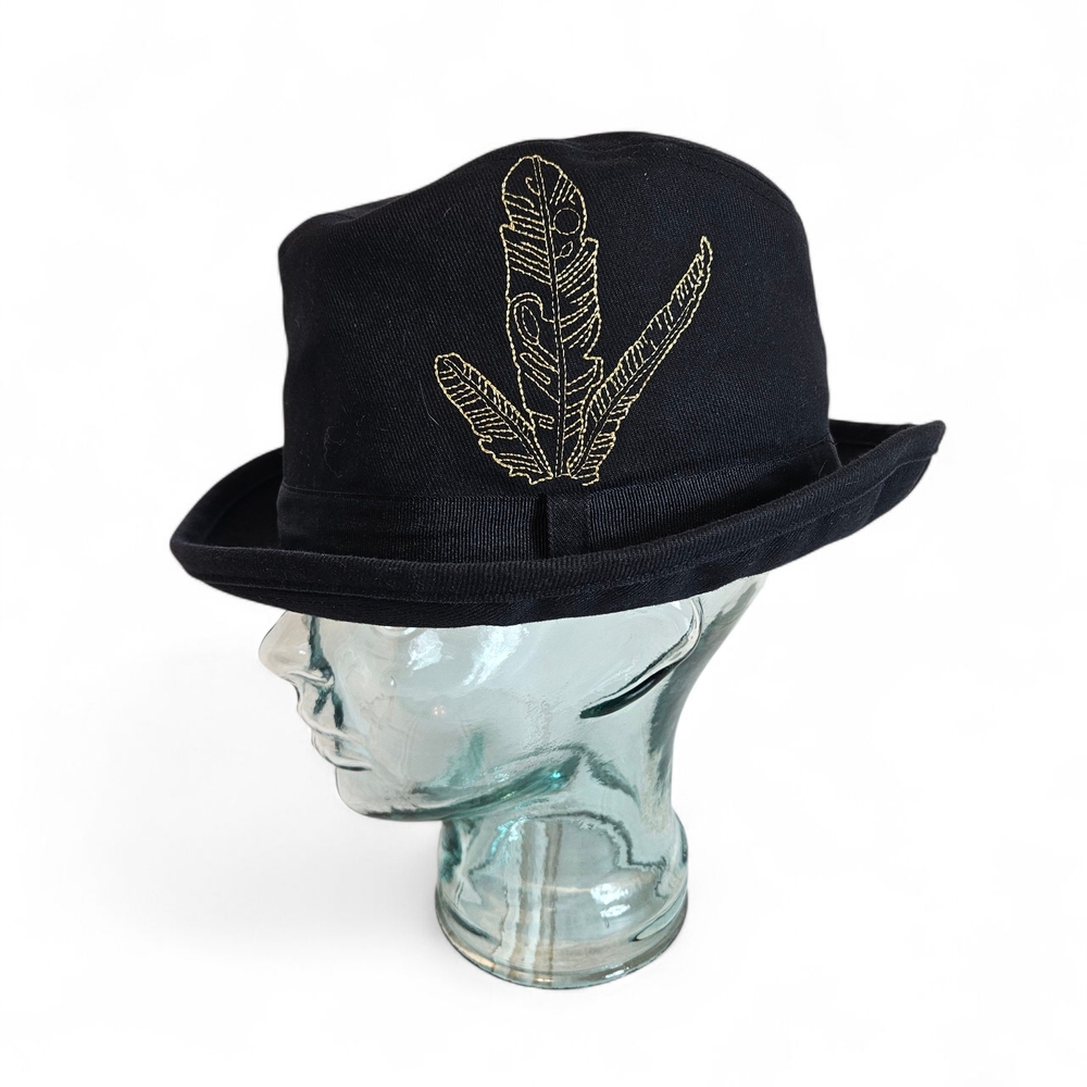 A|X Armani Exchange Panama Fedora Hat M/L Black Cotton Gold Feather